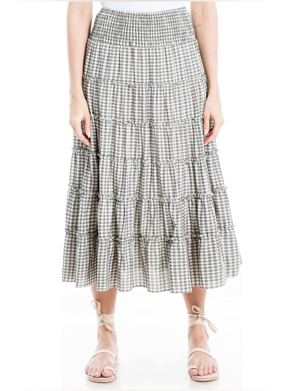 Max Studio Blue Gingham Maxi Tiered Skirt